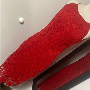 ASHLEY STEWART RED CROCHET OVERLAY SHIFT DRESS HALTER STYLE TOP AND MIDI LENGTH